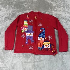 Tiara International Christmas‎ Sweater Womens XL Red Zip Cardigan Snowman Ugly